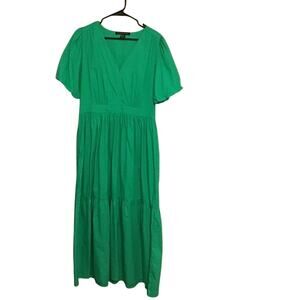 French Connection Cotton Emerald V-Neck Maxi/Midi Dress with Puffed Sleeves L